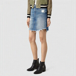 ALL Saints Distressed Denim Raw Hem Mini Jean Skirt 00